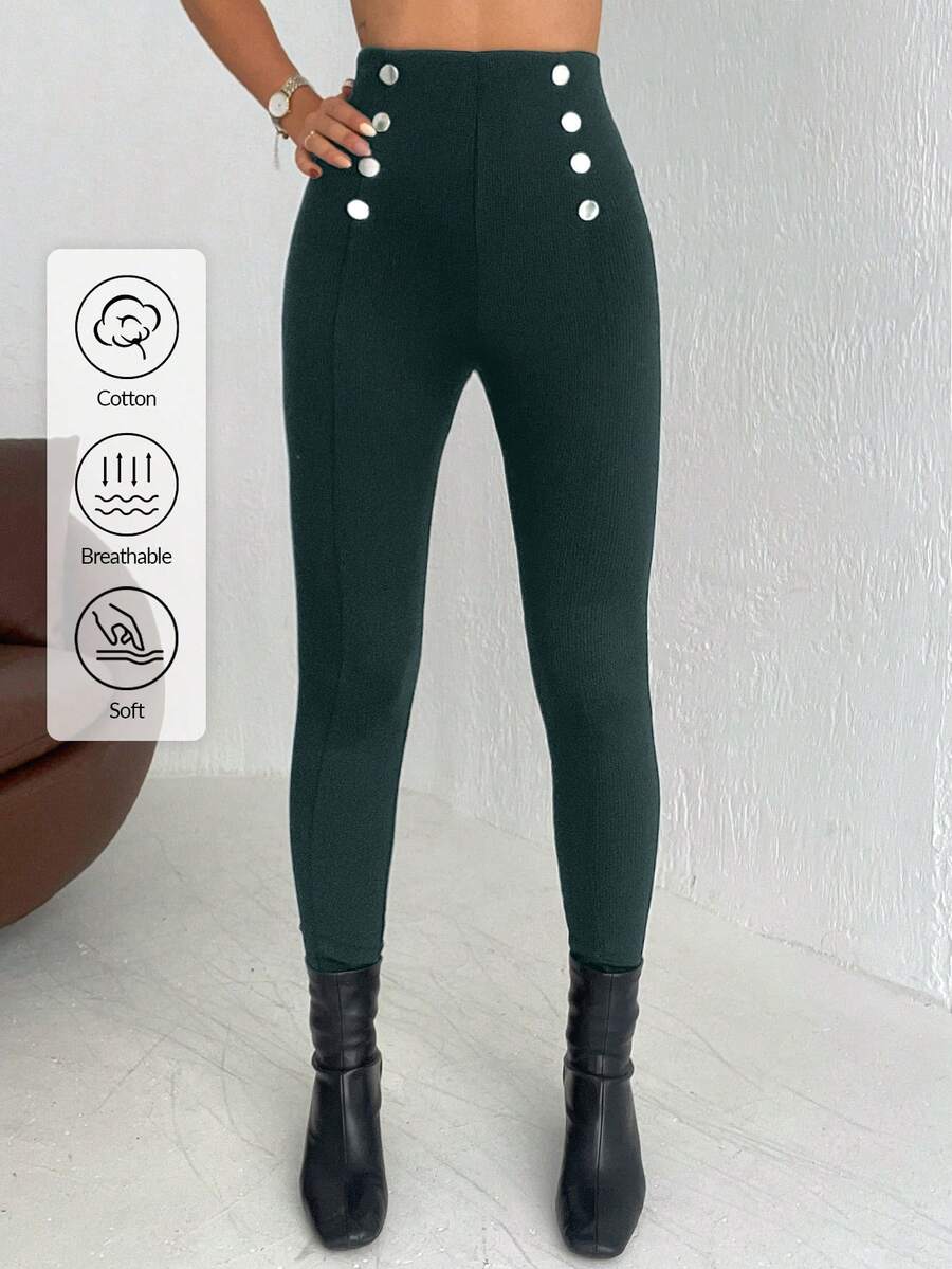 EURMUSE Fashionable & Versatile High Waist Leggings With Decorative Buttons, Suitable For Commuting - Dark Green - View 1