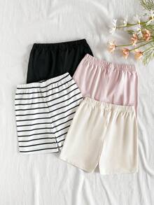 SHEIN Vintaside Kids 4pcs Set Girls Casual Solid & Black Fine Stripe Print Shorts, Pink, Black, White Stripe, Suitable For Summer Holiday Vacation Everyday Wear. Cute, Fashionable, Sweet And Charming, Made With Soft Comfortable Fabric And Playful Casual Style. Ideal For Beach Vacation, Park Outing, Daily Wear, Holiday Gatherings, First Birthday Parties, Sightseeing, Photoshoots, And Multiple Occasions. Perfect For Spring/Summer Wear - White - View 2