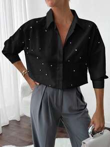 EURMUSE Women's Stylish Rhinestone Embellished Drop Shoulder Shirt - Black - View 3