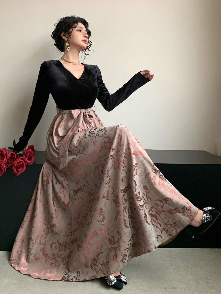 Women's V-Neck Velvet Color Block Cinched Waist Dress, Elegant Waist Decor Maxi Dress Sundress