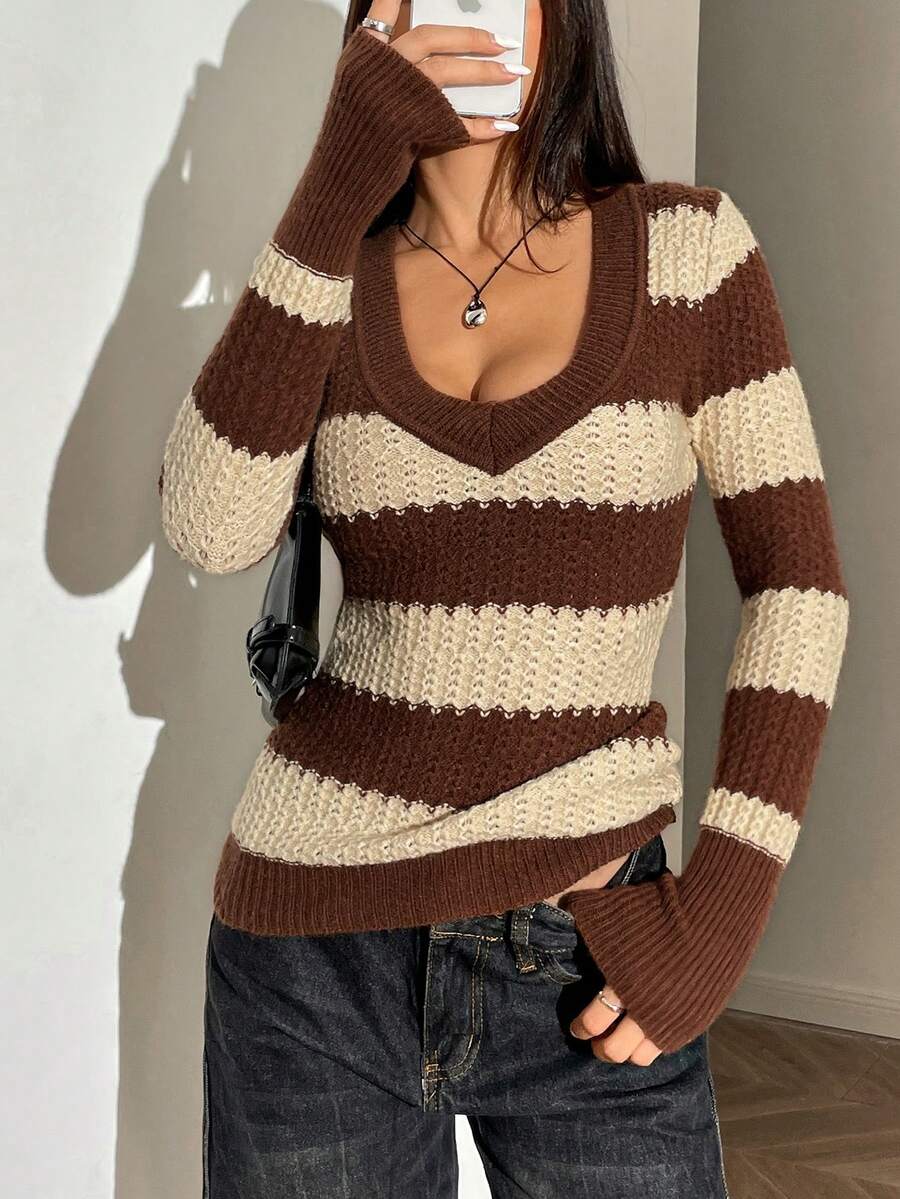 SHEIN EZwear 大码女式V领长袖休闲针织衫，棕色渐变，秋冬款 - 棕色 - 查看 1