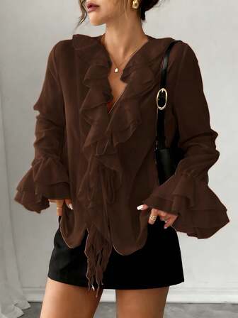 Rafferiza Elegant French Chiffon Lantern Sleeve V-Neck Tie Front Loose Casual Blouse For Women, Autumn