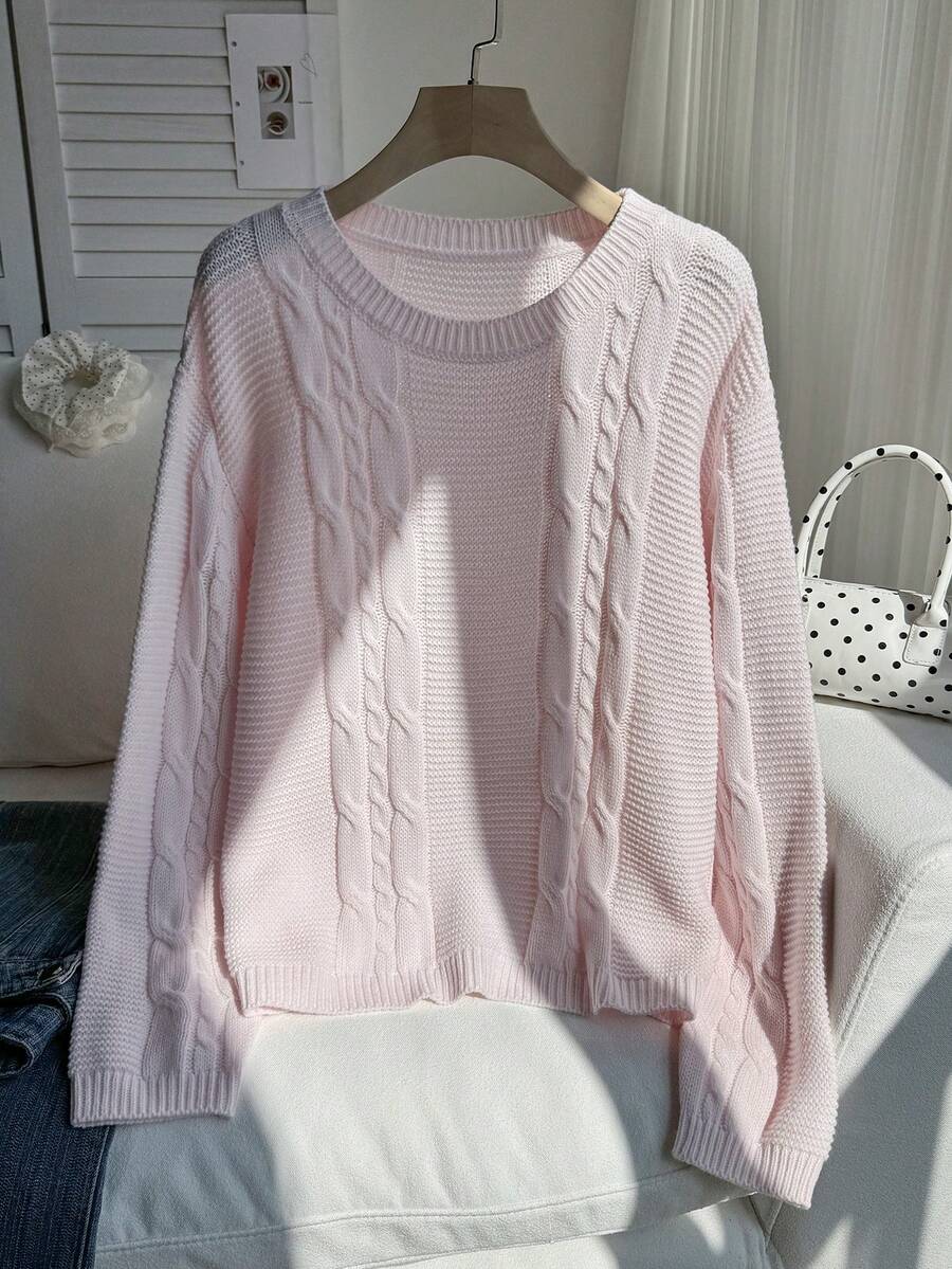 Comfortcana 大码纯色麻花针织扭结休闲长袖套头毛衣，秋冬款 - 粉色 - 查看 1