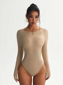 Slayform Backless Solid Color Long Sleeve Jumpsuit, Minimalist Fashion For Summer - Apricot - View 2