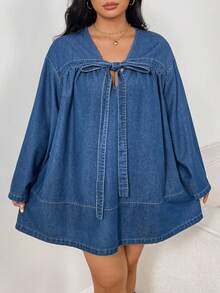 Sunnyshic 大码女式水洗牛仔蝴蝶结衬衫，艺术长袖宽松休闲女式牛仔衬衫 - 中等水洗藍 - 查看 6