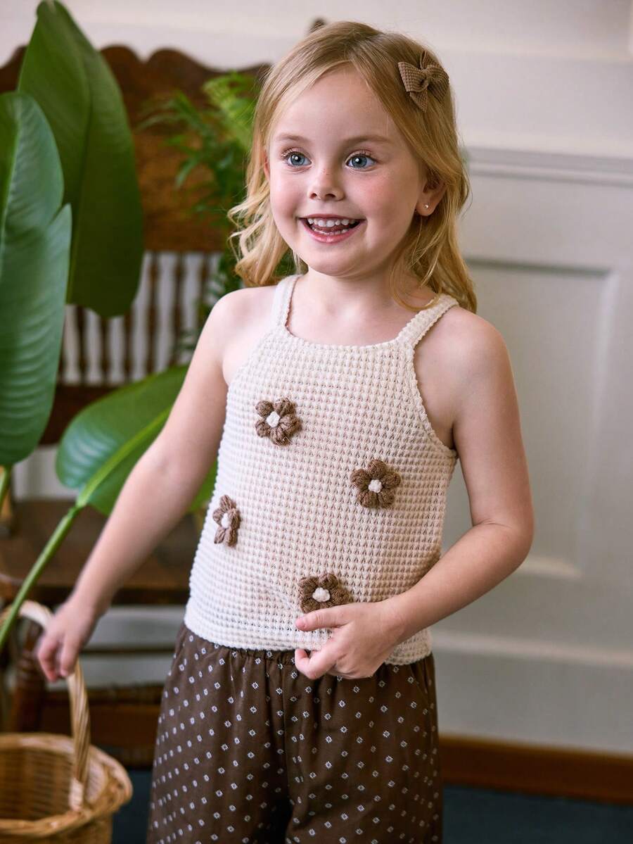 Blossori Vintage Floral Decor Knit Mesh Jacquard Young Girl' Cute Camisole In Light Khaki - Apricot - View 1