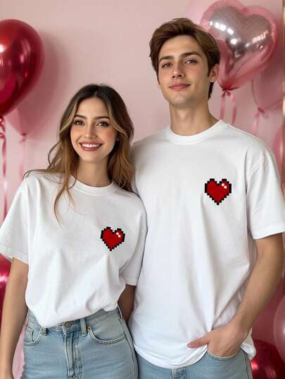 Manfinity Hypemode Men's White Pixel Heart Graphic Print Crew Neck T-Shirt | 8 Bit Retro Video Game Style Small Chest Logo Short Sleeve Tee | Valentine's Day Romantic Couple Matching Unisex Top | Y2K Minimalist Cute Sweet Anniversary Gift Shirt | Boyfriend Girlfriend His And Hers Summer Casual Blouse | Soft Breathable Basic Everyday Wear,Men's Heart Print Round Neck Short Sleeve Casual Versatile T-Shirt