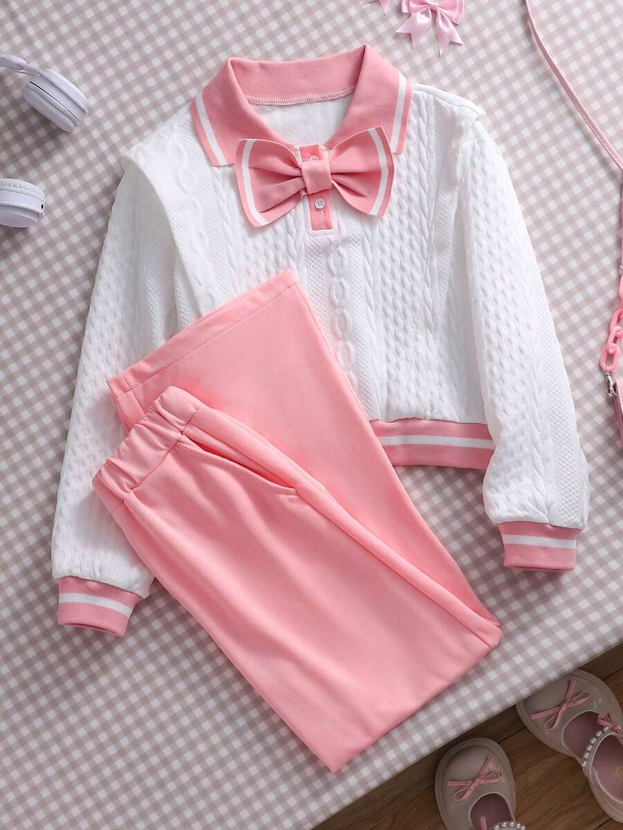 Tween Girls Casual Cute Fashion Textured Fabric Collegiate Style Navy Collar Knit 2 Pieces Set - Pink - View 1