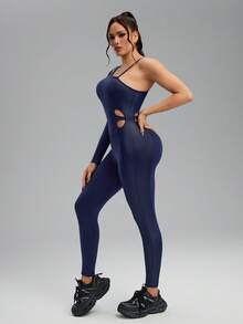 Innovista Innovista Women's Royal Blue Asymmetrical Neck Long Sleeve Knitted Jumpsuit For Dance And Gym Wear - Royal Blue - View 3