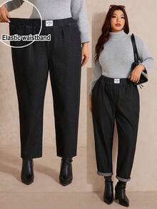 Elaquor 大码黑色高腰牛仔裤，舒适弹力腰带，锥形裤型，经典牛仔面料，百搭黑色长裤 - 黑色 - 查看 1