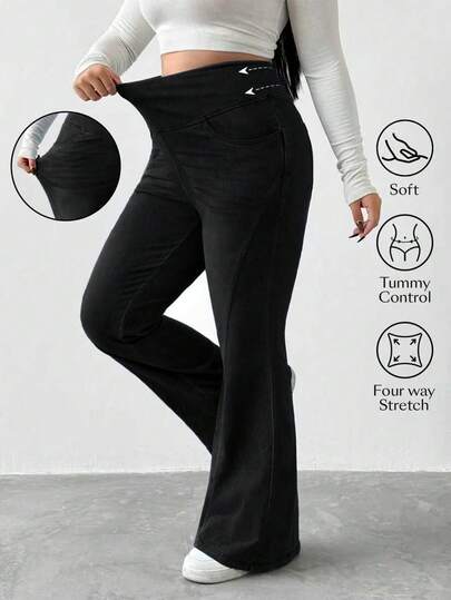 Flexra Plus Size Women's Fashion Casual Washed Knit Flare Pants