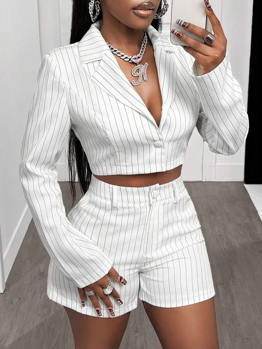 BamGleam Women's Striped Notched Collar Single-Breasted Casual/Work Lightweight Long Sleeve Blazer