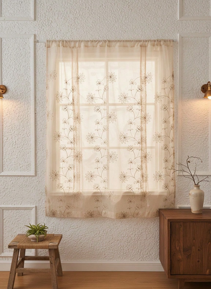 Cirelle 刺绣薄纱窗帘，精致花卉蕾丝窗巾，柔和米色，透光窗帘，适用于客厅卧室装饰