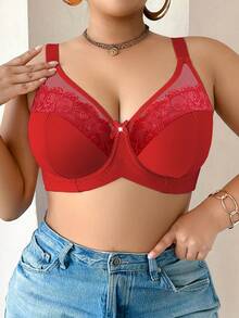 DesireSculpt 大码纯色网眼蕾丝拼接钢圈文胸 - 紅色 - 查看 5