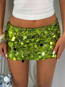 Glamine Damen einfarbiger Pailletten-Dekor modischer minimalistischer Lässig Rock, Pailletten-Rock, grüner Rock, Mini-Rock, Disco-Rock, Damen-Rock-Unterteil, funkelnder Mini-Rock, Damen-Pailletten-Rock, grüner Pailletten-Rock, Damen-Skorts, Pailletten-Shorts, Badeanzug-Rock, Bikini-Rock, Frühling bis Sommer, Sommerurlaubs-Outfits, Frühlings-Outfit, Fasching, Damen-Kostüm, Strandkleider, Sommerurlaubs-Outfits, Pailletten-Rock - Grün - Übersicht 4