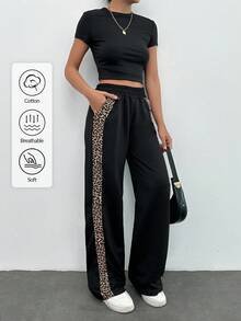EURMUSE Leopard Trim Belly Detailed Long Wide Leg Black Pants - Black - View 1