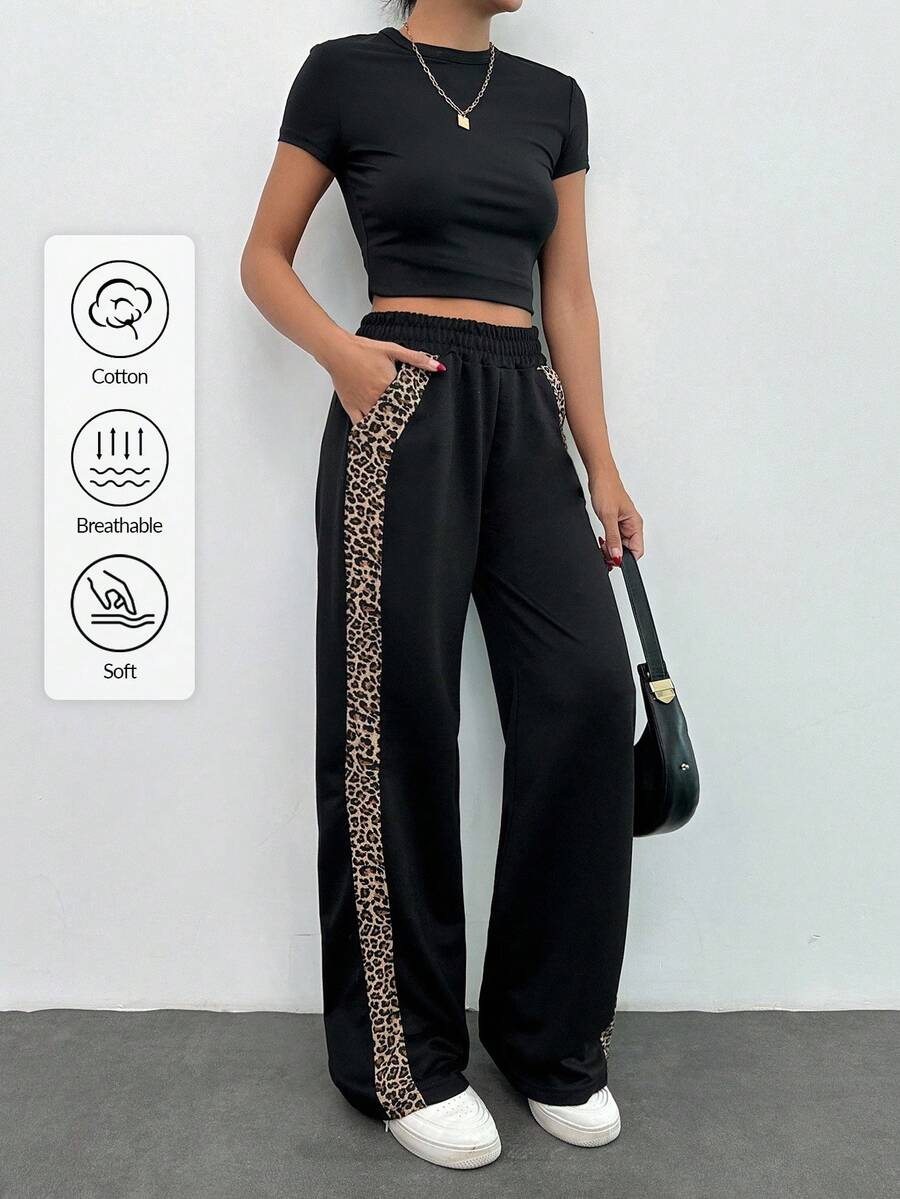 EURMUSE Leopard Trim Belly Detailed Long Wide Leg Black Pants - Black - View 1