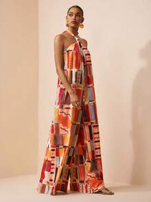 Zivah 2026春夏新款音乐节、复活节、母亲节、婚礼季、婚礼宾客、生日派对、日常休闲穿着、百搭基础款、休闲、邮轮旅行、海滩、日光浴、爆款、街头风、优雅、休闲、露背吊带、性感露背、扭结超宽松阔腿裤、多色格子复古印花女士连体裤 - 彩色 - 查看 5