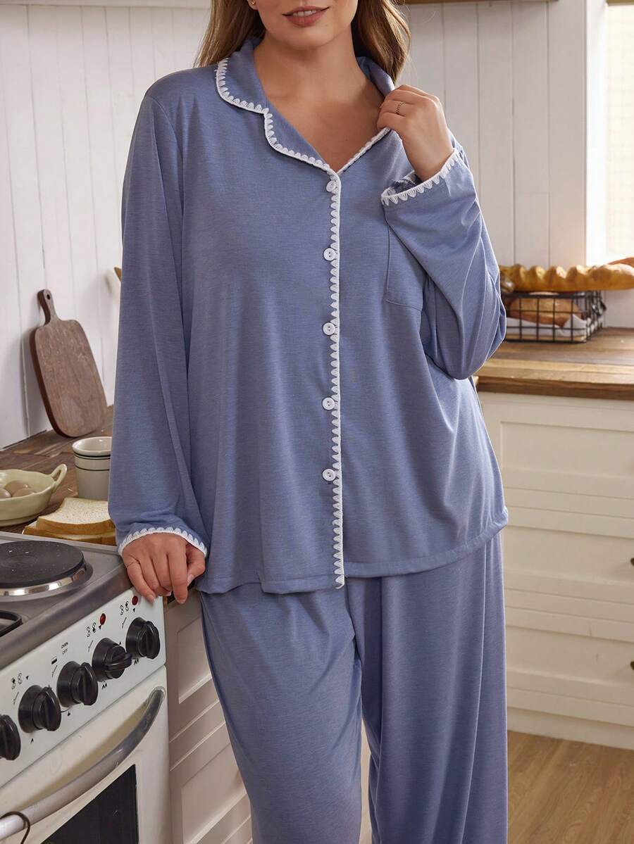 SHEIN Doze Lane Conjunto de pijama casual americano para mujer de talla grande, pantalón de manga larga con ribete de contraste en el cuello, ropa de estar en casa - Multicolor - Ver 1