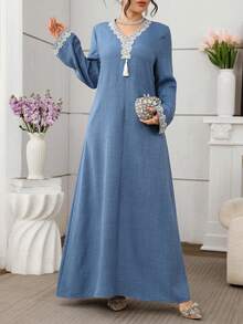 Al Najma Embroidered Loose Elegant Long Sleeve Turkish & Arabic Traditional Maxi Dress For Women Kaftan Jalabiya Dress - Blue - View 6