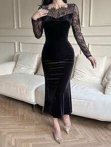 Dazy Tall Tall Women's Lace Patchwork Backless Hollow-Out Elegant Velvet Casual Long Bodycon Dress - Black - View 7