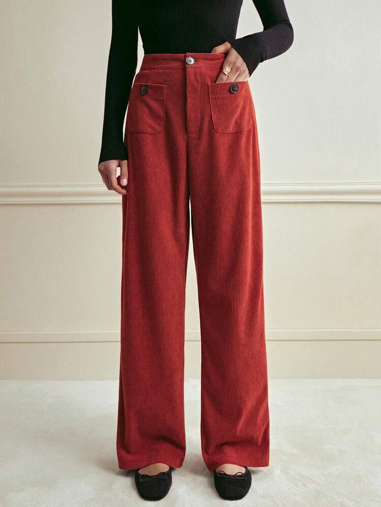 Écloséra Pantalones rectos de pana con bolsillos de talle medio para mujer - Marrón - Ver 4