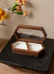 Cirelle 1pc Walnut Wood Ring Box Wedding Tabletop Storage Organizer, Gift For Back To School - White - View 3