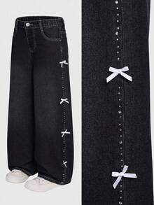 SHEIN Tween Girl Fashionable & Sweet Heart Embroidery Straight Leg Loose Fit Jeans Baggy Jeans Y2k Baggy Jeans - Dark Grey - View 2