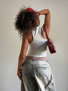 StreetHx Women's U-Neck White Distressed Print Fitted Comfortable Streetwear Y2K Baddie Sexy Camisole Top, Spring/Summer - White - View 2