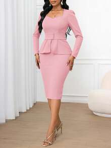 SHEIN Lady 女士优雅通勤都市纯色修身心形领泡泡袖收腰开衩上衣和铅笔裙套装，两件套，四季皆宜，尽显老钱风范，适合机场、教师、商务休闲、生日、办公室、休闲、教堂、黑色正式场合、音乐会、早午餐等各种场合。 - 粉色 - 查看 7