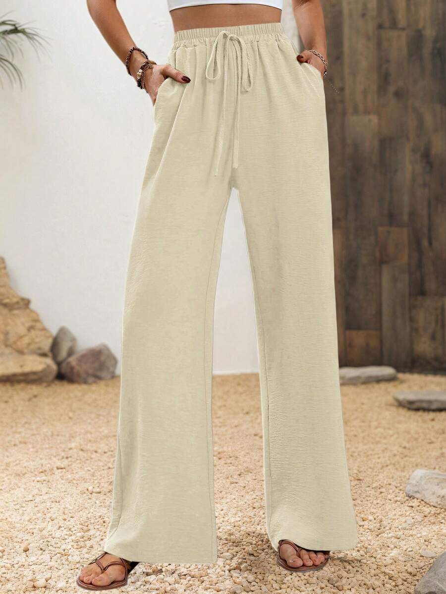 SHEIN PETITE Quần ống đứng dáng bohemian nữ, cạp chun, có túi, thích hợp cho đi biển, nghỉ mát và những chuyến đi chơi xa, mùa hè. - Màu be - Xem 1
