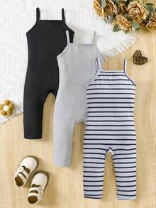 SHEIN 1. Baby Girls' All-Match Casual Ribbed Camisole & Leggings Set, Comfortable Skinny Fit Pants In Black, Heather Gray, And Black & White Print Jumpsuit, Matching Family Outfits - Black and White - View 1
