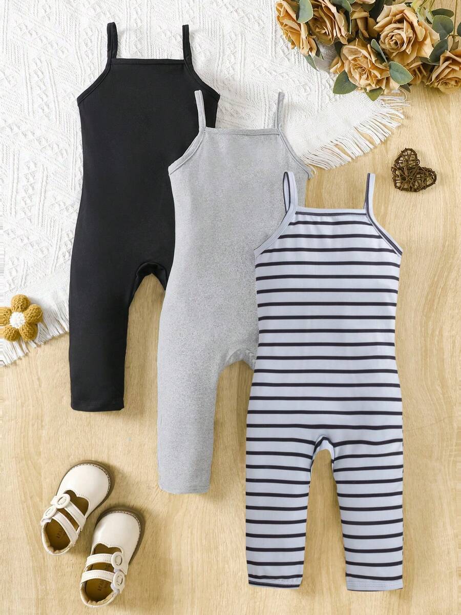 SHEIN 1. Baby Girls' All-Match Casual Ribbed Camisole & Leggings Set, Comfortable Skinny Fit Pants In Black, Heather Gray, And Black & White Print Jumpsuit, Matching Family Outfits - Black and White - View 1