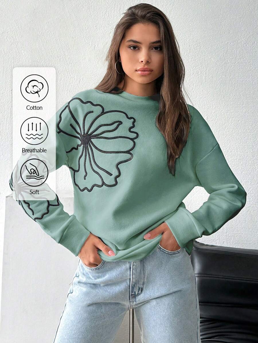 EURMUSE 100% Cotton FLOWER EMBROIDERY BLACK STITCHED WHITE SWEATSHIRT - Mint Green - View 1