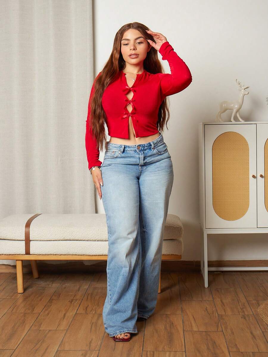 Lupita Cardoza Women's Christmas Red Bow Hollow Long Sleeve T-Shirt, Autumn - Red - View 1