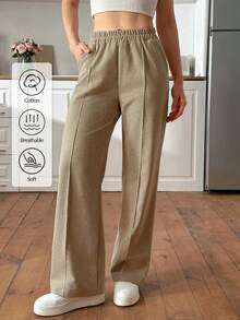 EURMUSE 女士纯色松紧腰牙签设计口袋休闲阔腿裤 - 灰色 - 查看 1