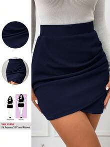 SHEIN Tall CURVE Chân váy ôm sát dáng suông cạp cao, vạt tulip, kiểu dáng thanh lịch dành cho nữ, màu đen trơn, kiểu quấn. - Màu xanh hải quân - Xem 1