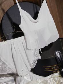 SilkySpell Sexy Lace Trim Sheer Mesh Camisole Top, Hollow-Out Delicate Sleepwear Set - White - View 4