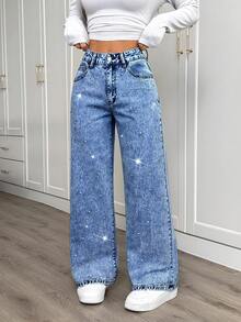 SHEIN PETITE Quần jean ống rộng, dáng rộng, thường ngày, có túi đính đá giả cho nữ - Rửa tối - Xem 7
