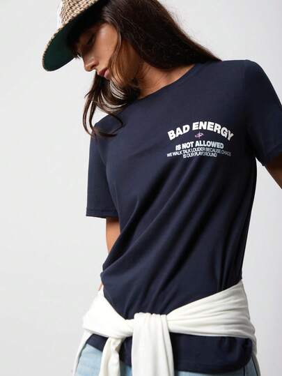 SURIMA Casual Navy Blue Fitted Round Neck Short Sleeve Women T-Shirt, Suitable For Summer Spring