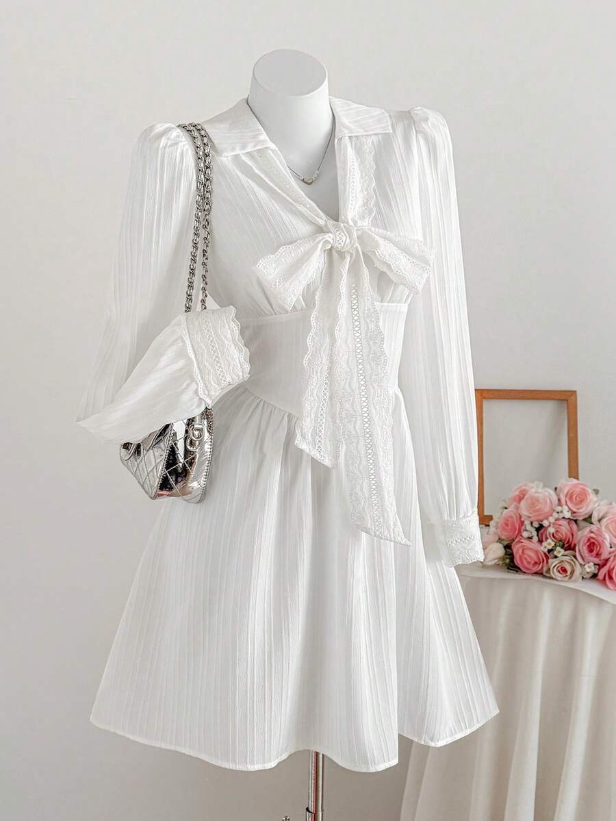 Comfortcana 女士时尚蝴蝶结装饰长袖迷你连衣裙 - 白色 - 查看 1