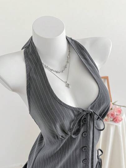 Comfortcana Dames haltertop met strepen, kanten afwerking, knoopsluiting aan de voorkant en open rug