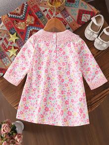 SHEIN Đầm dài tay cổ điển viền ren hoa cho bé gái, mùa thu - Hồng - Xem 2