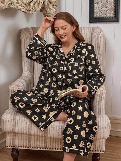 Doze Lane Plus Size Women Bubble Print Lapel Collar Long Sleeves For Women Black Pajama Sets For Women Black
