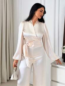 EURMUSE Damen Set aus einfarbigem Shirt mit gekreuztem V-Ausschnitt, geknoteter Taille und Laternenärmeln sowie weiten Hosen, elegant - Weiss - Übersicht 7