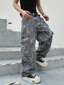 Manfinity EMRG Quần jeans nam dáng casual đường phố, bản rộng, chất liệu jacquard, có nơ và túi nắp gập, không kèm thắt lưng. - Xám - Xem 3