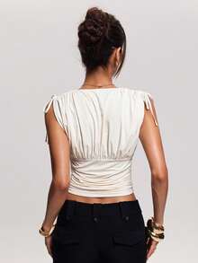 SHEIN BAE Débardeur sexy à col V profond plissé de couleur unie avec cordon de serrage, mode femme - Beige - Voir 2