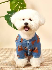 PETSIN 1件宠物猫狗通用蓝色小熊可爱图案针织提花开襟裙装外套保暖舒适狗狗毛衣外套 - 藍色 - 查看 12