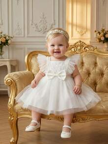 SHEIN 寶寶女孩綁帶網紗公主裙，適用於夏季派對 - 白色 - 查看 8