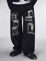 Street Life Men's Photo Graphic Print Dark Wash Distressed Jeans